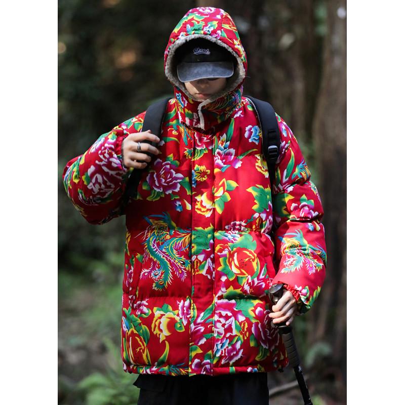 A1 Hanfu Team Uniform: Warm Couple's Lambswool Coat with Detachable Hood, Chinese Style, Cold-Protection, Big Flower Design.