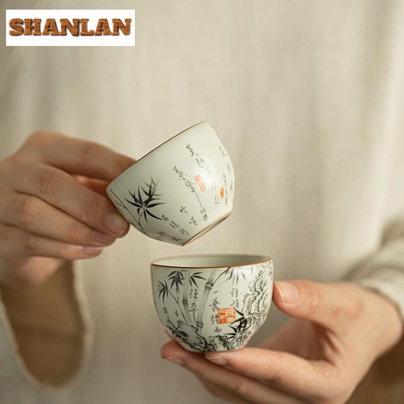 60ml Ru Kiln Ink Bamboo Tea Cup Boutique Gracked Glaze Master Cup Small Tasting Mug Tea Bowl Tea Pair Meditation Cup Teaware 1pc