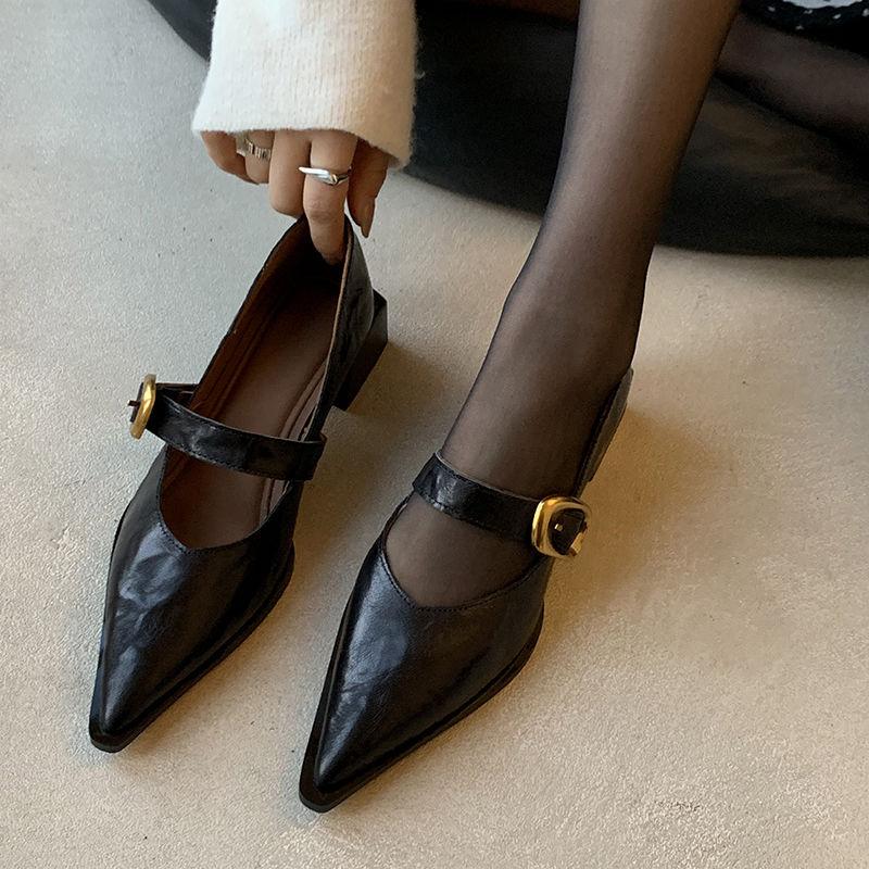 New Pointed Cowhide Fashion Single Shoes Comfortable Soft Sole Leather Women's Shoes Low Heel Non-slip Cowhide Sole Large Size Small Leather Shoes