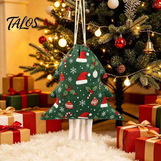 Snowflake Pattern Gift Holders Christmas Tree Shaped Drawstring Bags, Xmas Hanging Treat Sacks, Flannel Decorations Holiday Candy Small Storage
