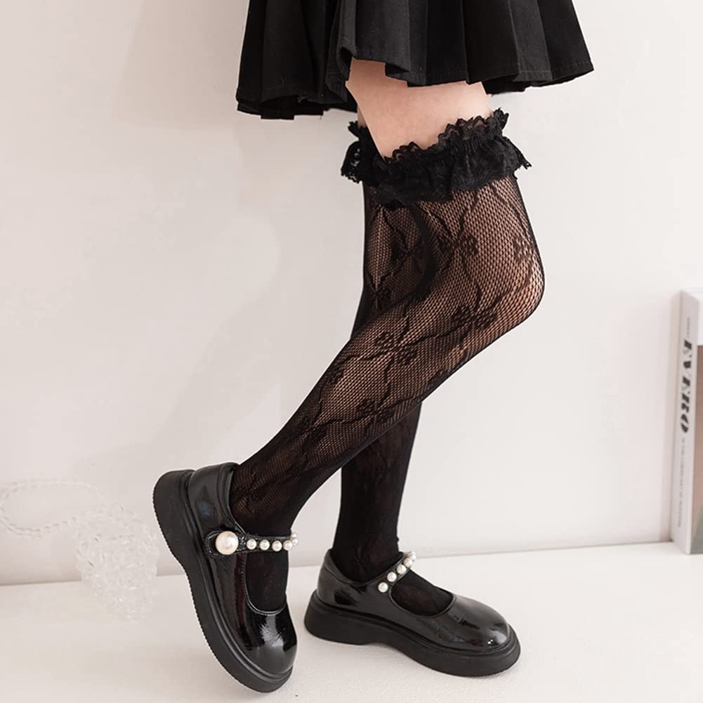 Kids Knee High Socks Girls Socks Set of 2 Ribbon Lace Formal Entrance Ceremonies Graduation Ceremonies Cute Girls Black White Black [InSomila] (L,