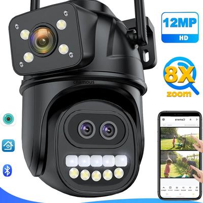 New EU 12MP 6K WiFi IP Camera Three Lens Dual Screen Outdoor PTZ Cam 8X Zoom Home Security Protection Wireless WiFi Video Surveillance