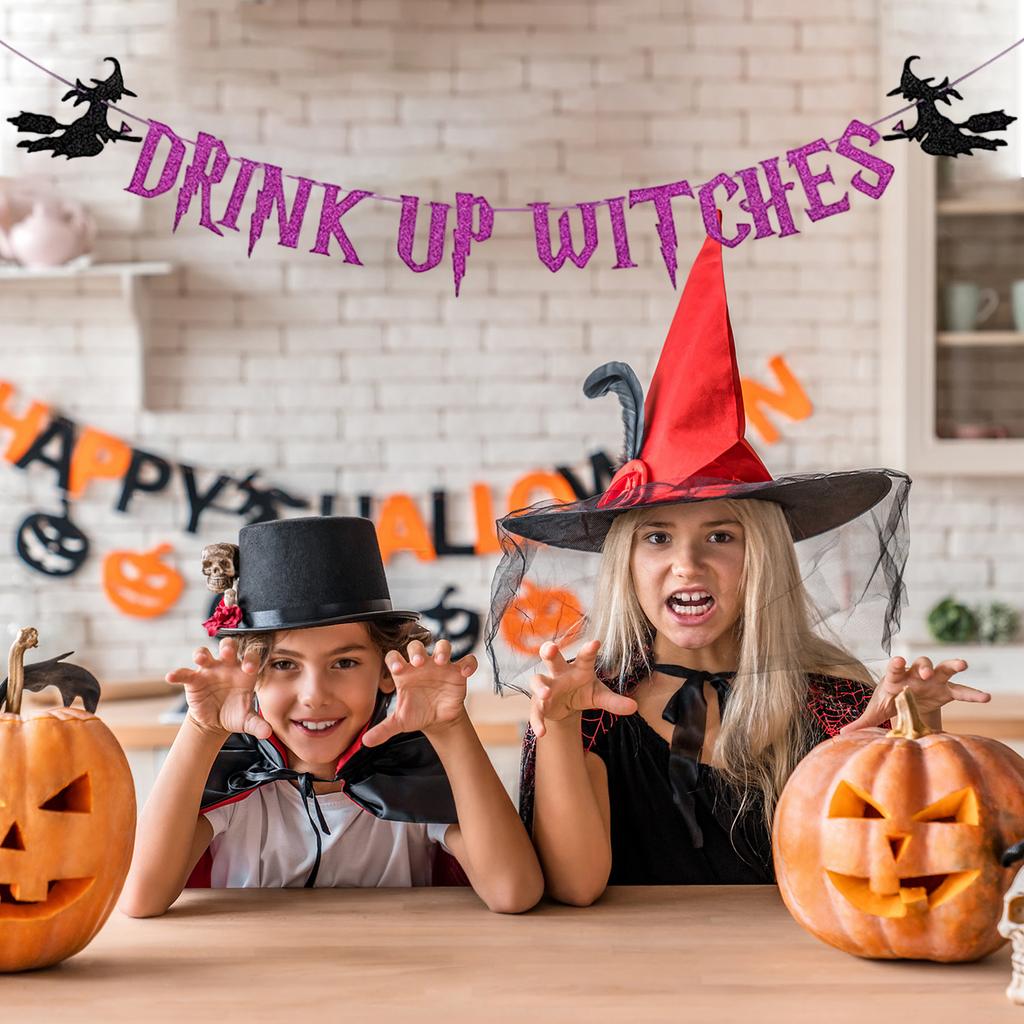 Halloween Party Decoration String Flag Witch DRINK UP WITCHES Purple Glitter  Flower