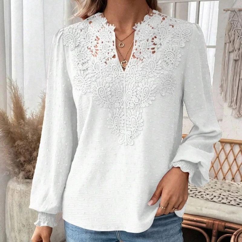 Mote Ny V-hals Blonder Patchwork Langermet Casual Skjorte Dame Topper Elegant Slim Fit Hul Løs Bluser Dame Vintage Street Hvite Skjorter 26625