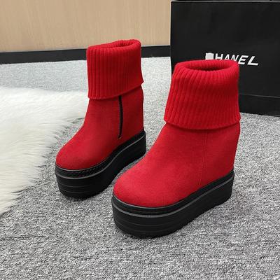 12.5CM Damen Mid-Calf Winter Strick Plüsch Versteckter Absatz Damen Warme Winterstiefel Plateau Dicke Sohle Schuhe Damen Stiefel