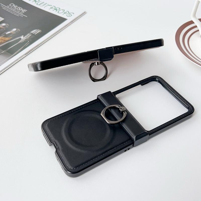 Ring Holder Leather Case for Samsung Galaxy Z Flip 7 6 Zflip 3 4 Magnetic Bracket Stand Matte Shockproof Cover