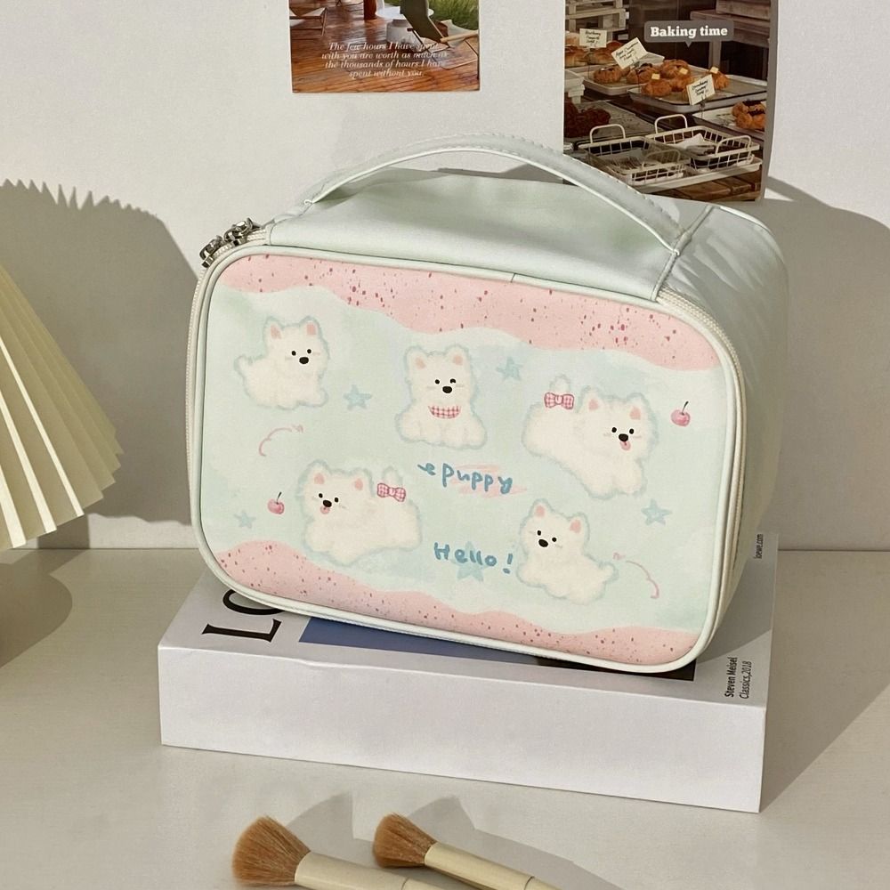 Portable Cartoon Print Sorting Cosmetic Bag Large Capacity with Handle Makeup Bag Square PU Travel Toiletry Bag