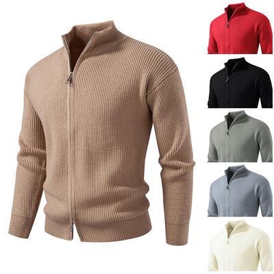 Herren einfarbige Winter-Strickjacke mit hohem Kragen und doppeltem Reißverschluss