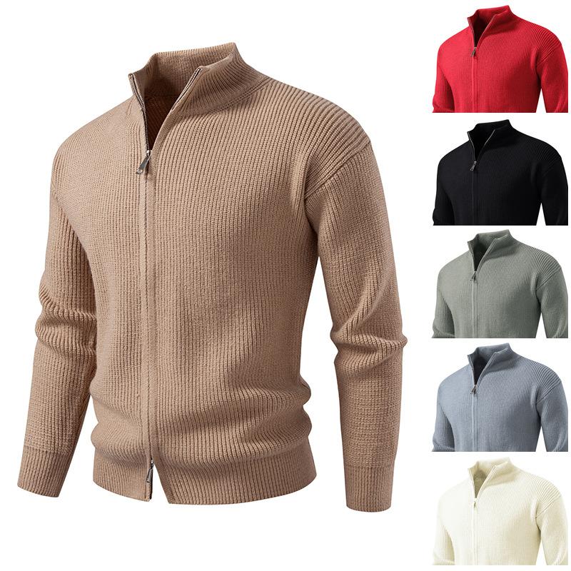 Men's Solid-Color Winter High-Neck Double-Zip Cardigan Sweater Jacket
