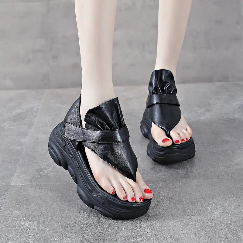Fashion High Quality 7CM Cow Genuine Leather Black Flip On Slippers Pumps Hook Mary Jane Sandals Platform Wedge Women Summer Shoes Flats