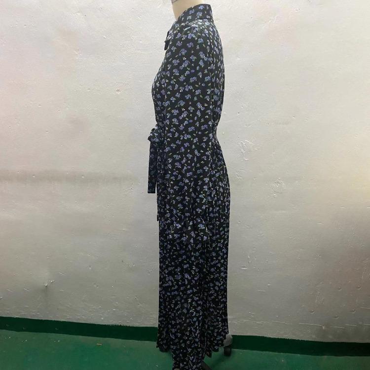 Women Autumn Winter Casual Long Sleeve V-neck Floral Print A-Line High Waist Ankle Length Dress