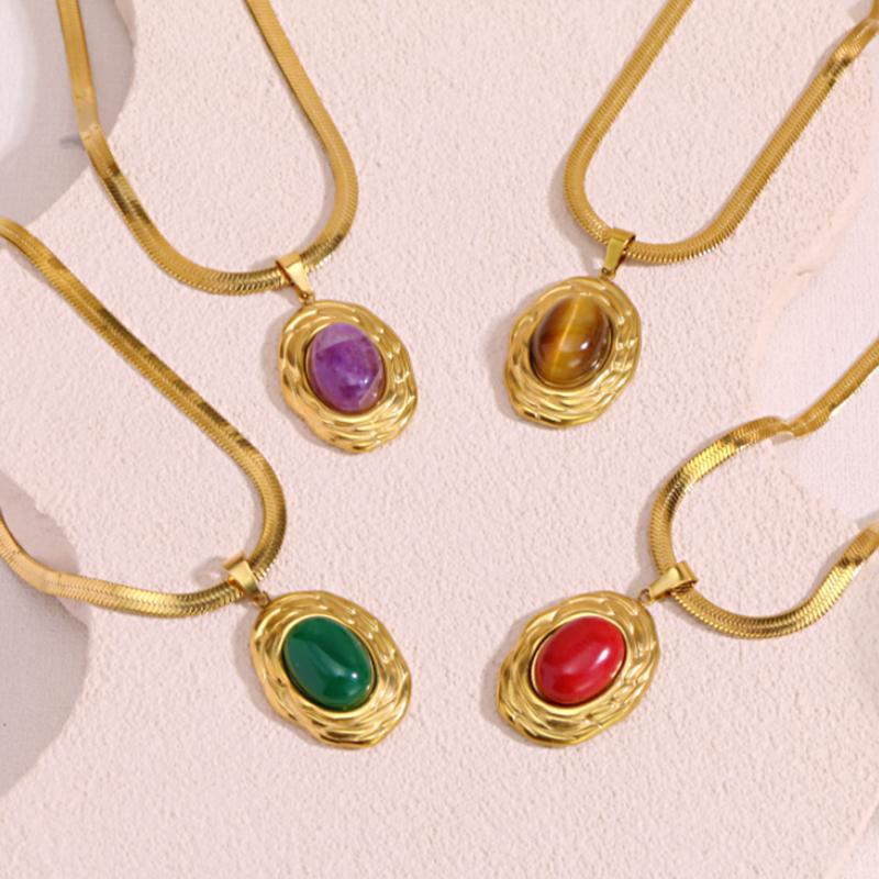 18K Gold Plated Titanium Steel Necklace Women Light Luxury Colorful Oval Stone Pendant Jewelry