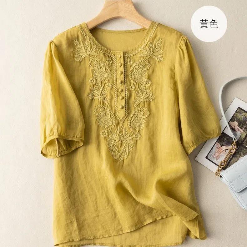 

Летняя новая женская футболка с коротким рукавом, литературная и ретро, свободного кроя, с вышивкой, круглым вырезом, из тонкого хлопка и льна 2XL жёлтый