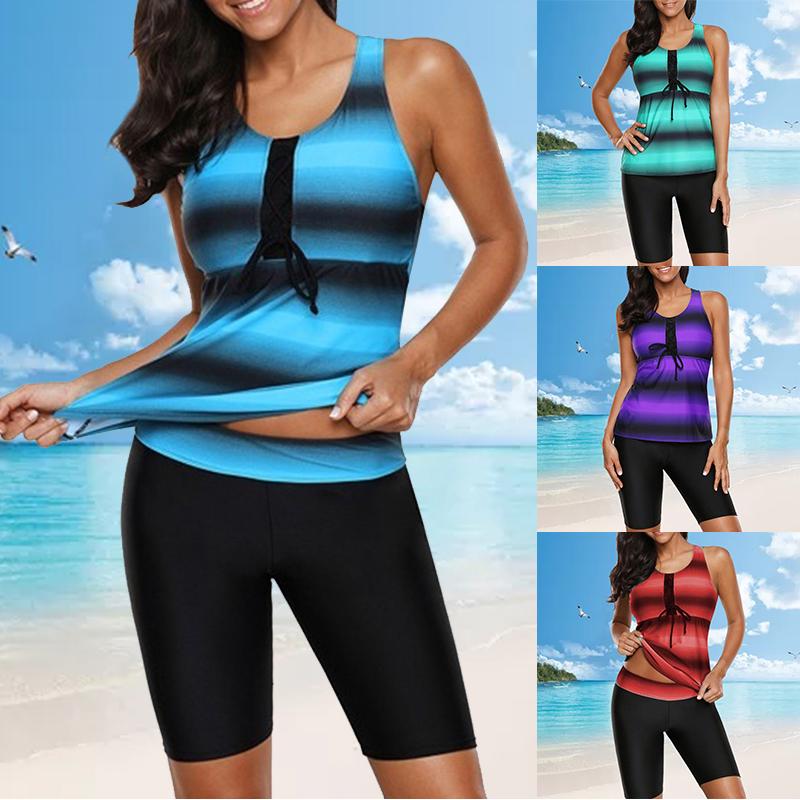 Buy Women Fashion Stripe Print Casual Swimsuits Plus Size Beach Summer