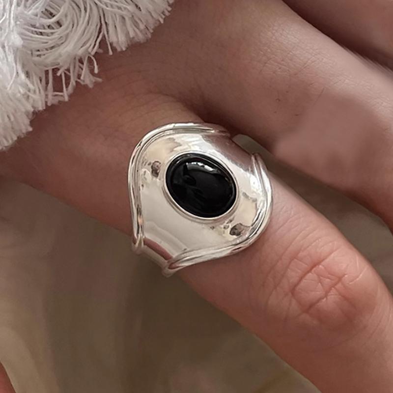 foxanry Black Agate Cuff Rings For Women Couples Vintage Personality Hip Hop Birthday Party Jewelry Accessories Gifts