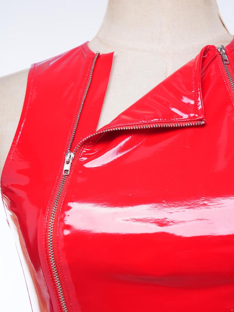 Ladies Glossy PU Leather Crop Top S-3XL Front Double Zippers Sleeveless Slim Tank Top for Club Rave Party Nightwear