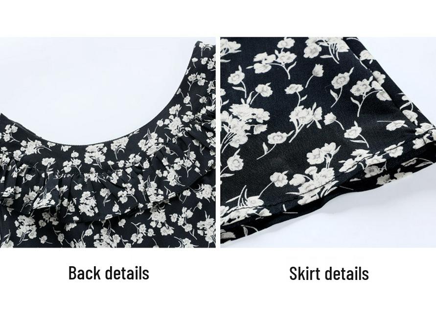 French Black Floral Puff Sleeve Camisole Dress for Women - Summer Seaside Vacation Style