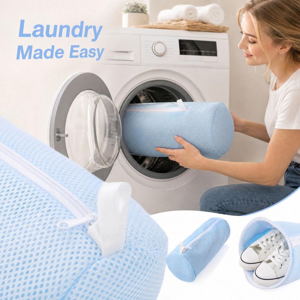 Cylindrical Mesh Bag for Shoes, Thickened Polyester Shoe Wash Bag with Zipper for Home Storage