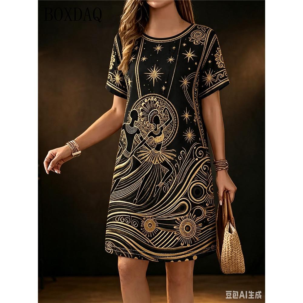 Summer Women's Casual Dress Short Sleeved Round Neck Ethnic Style Printed Loose Dress