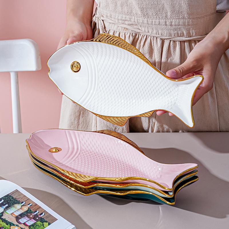 Ceramic Fish Plate Phnom Penh Green Creative Fish Shaped Porcelain Plate Household Salad Dessert Long Dish Kitchen Tableware