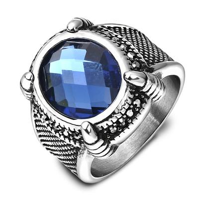 Mens Rings Stainless Steel Statement Ring with Claw Blue Stone Crystal Wedding Band Fashion Jewelry