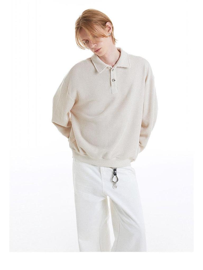 MADEEXTREME 380g Textured Vintage Preserved Flower Button Knit Long Sleeve Polo with Turn-Down Collar