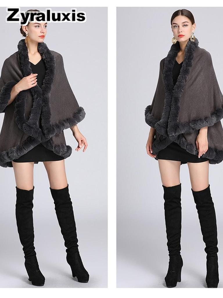 Women's Oversized Knit Poncho with Rabbit Fur Collar with Sherpa Lining for Fall Winter