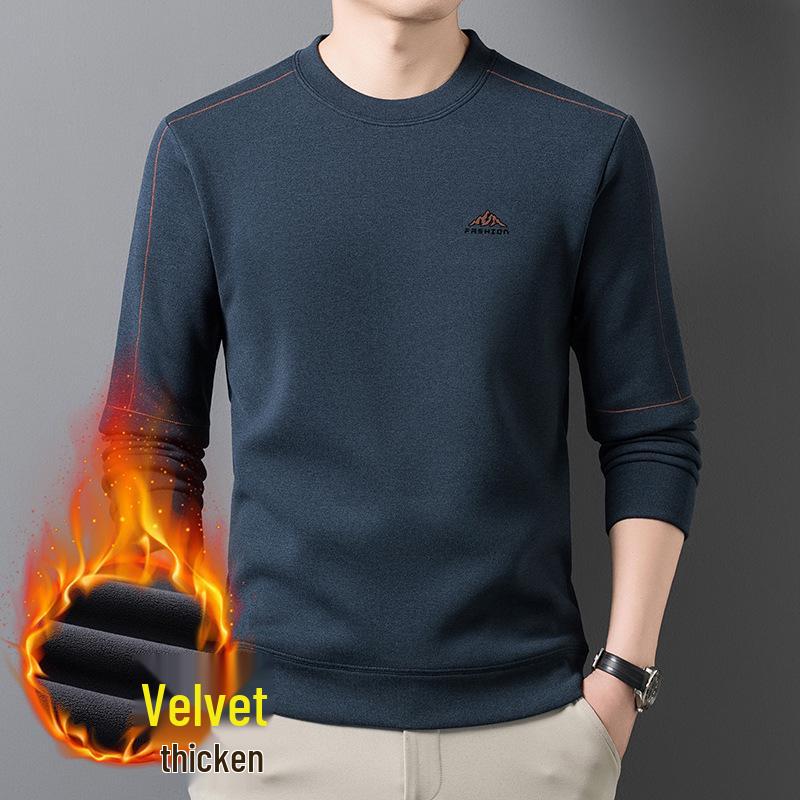 Mid-Aged Men's Winter Plus Velvet Hoodie - Casual, Loose Fit, Round Neck Base Layer Top.
