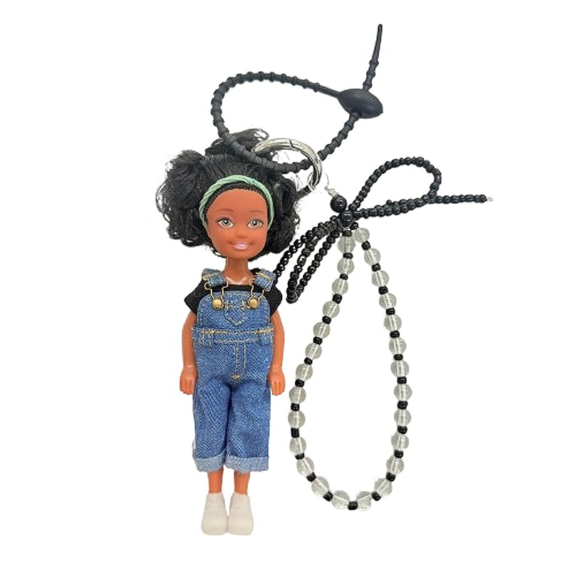 

Denim overalls doll keychain with beaded strap, black and clear beaded decoration, and hairband included EP012 [Used]