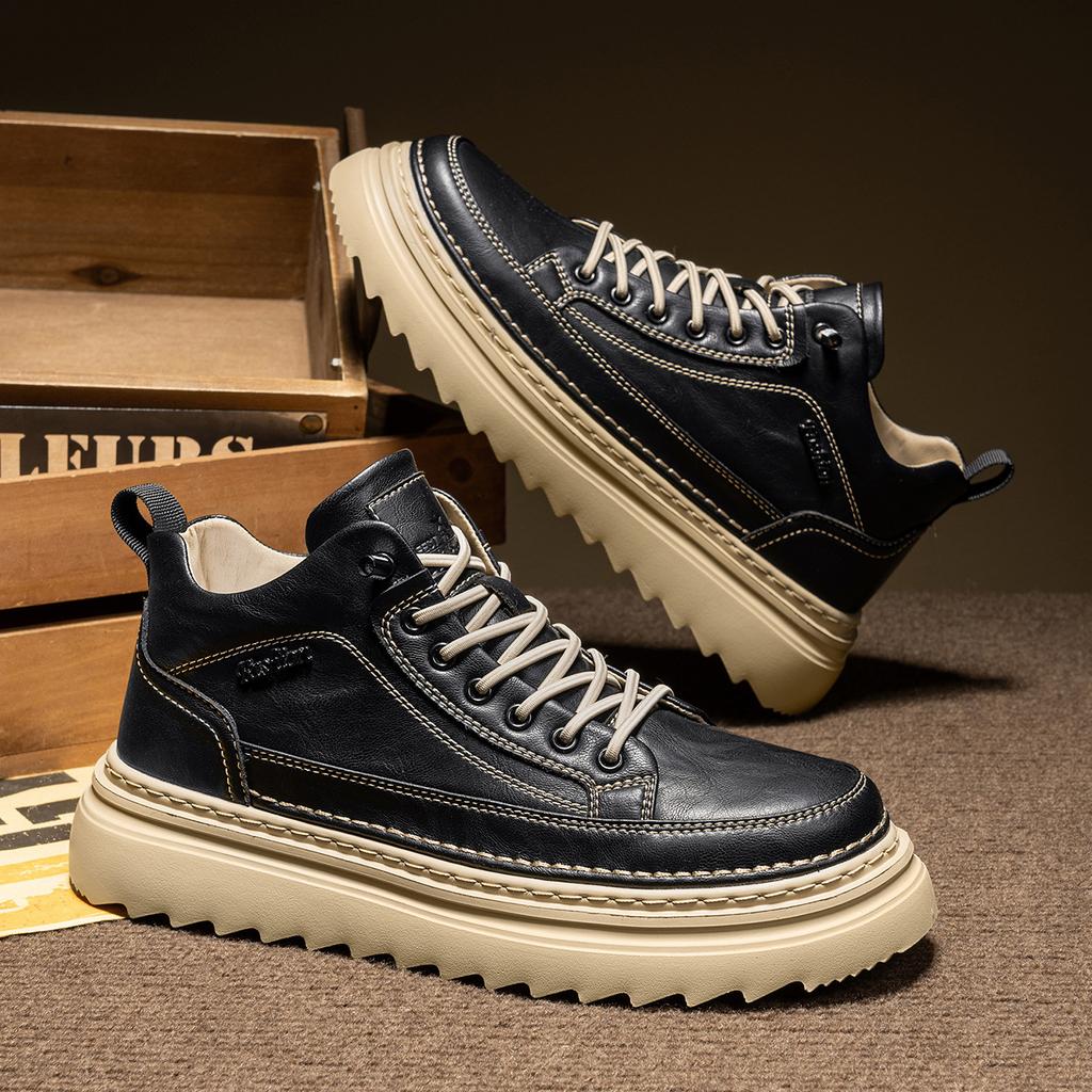 Autumn and winter mid-top Martin boots soft-soled British leather shoes winter velvet cotton shoes platform boots