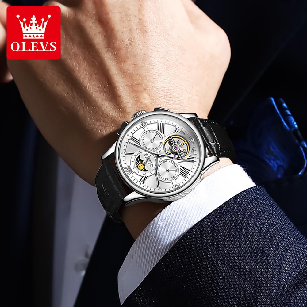 OLEVS Brand Watch Multi functional Men's Fully Automatic Mechanical Watch Waterproof Leather Strap 9912