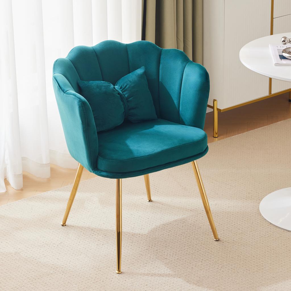 Moderner Samt-Wohnzimmer-Sessel, Polsterstuhl mit Blütenrückenlehne und vergoldeten Metallbeinen und Schmetterlingskissen für Schlafzimmer/Esszimmer
