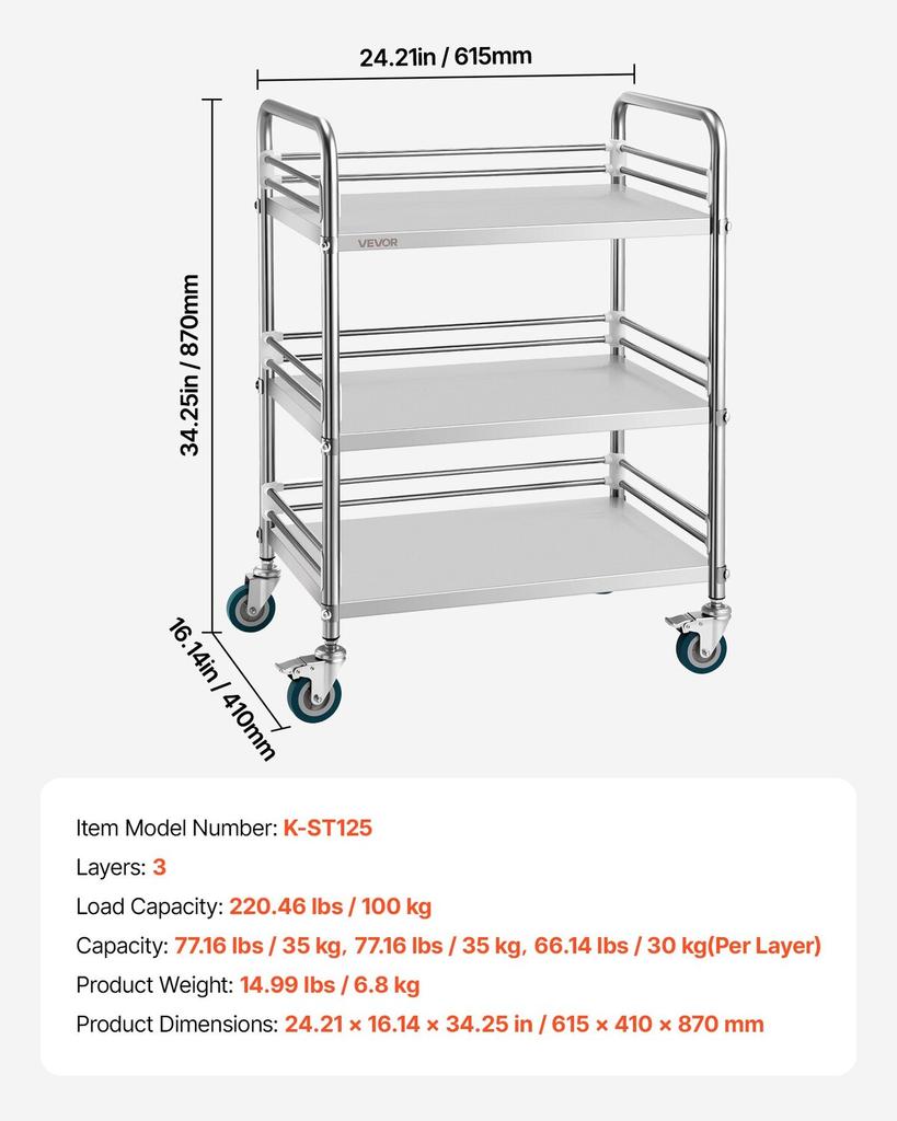 Stainless Steel Cart, 3-Tier Rolling Lab Utility Cart with Lockable Wheels, Medical Serving Trolley Clinic Tray, Heavy Duty Mobile Service Storage