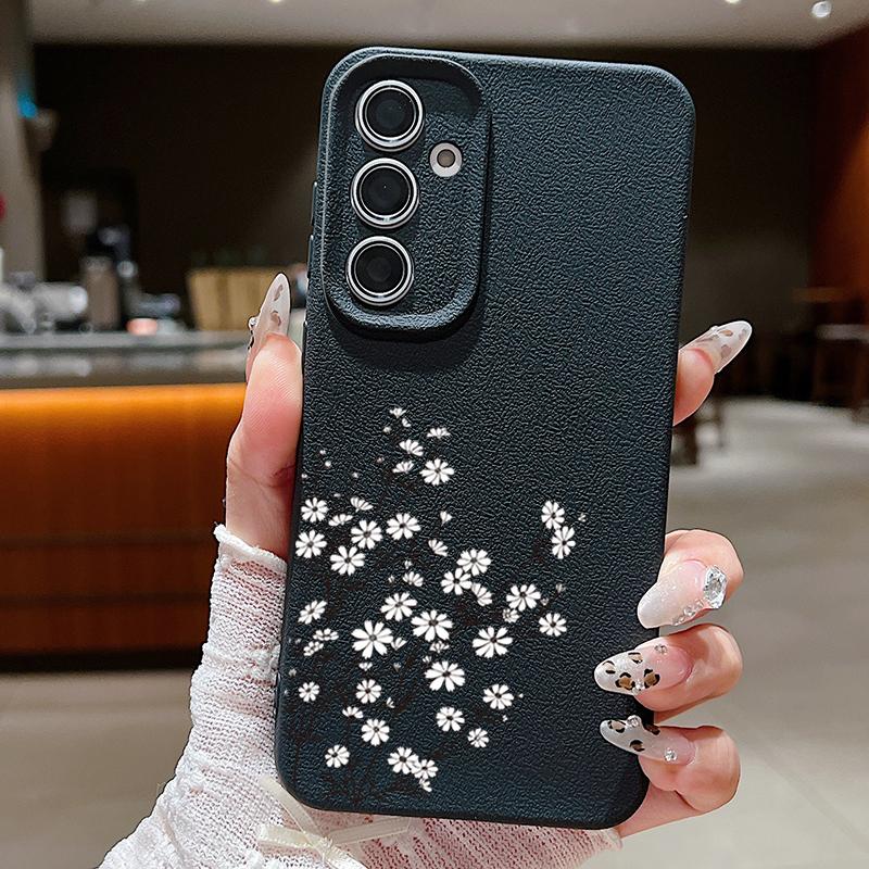 Floral Print TPU Leather Texture Slim Phone Case For Samsung S25 Ultra S24 FE S23 S22 A56 A36 A16 A15 A55 A35 Matte Shockproof Soft Bumper Cover