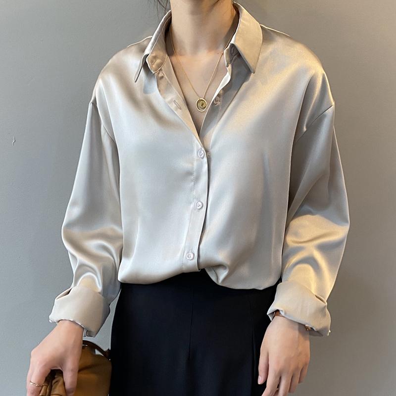 Spring Fashion Button Up Satin Silk Shirt Vintage Blouse Women White Tops Lady Long Sleeves Female Loose Street Shirts