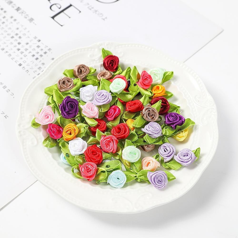50Pcs Mini Rose Artificial Flowers Heads 2cm Buds Fabric Flower Wedding Decoration Craft Supplies Ribbon Bow-Knot Gift Decor