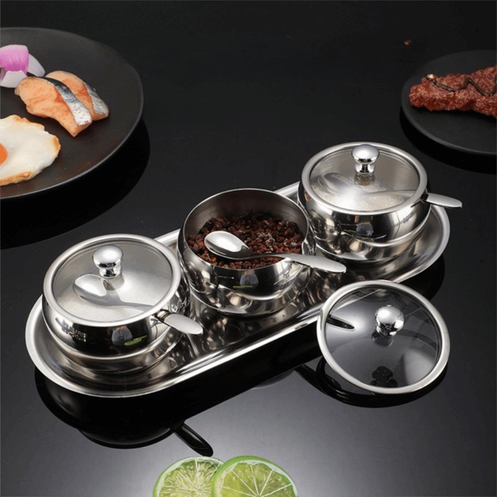 304 Stainless Steel Spherical Sugar Cube Bowl Moisture-proof Rust-proof Seasoning Tank with Spoon and Tray Corrosion-resistant