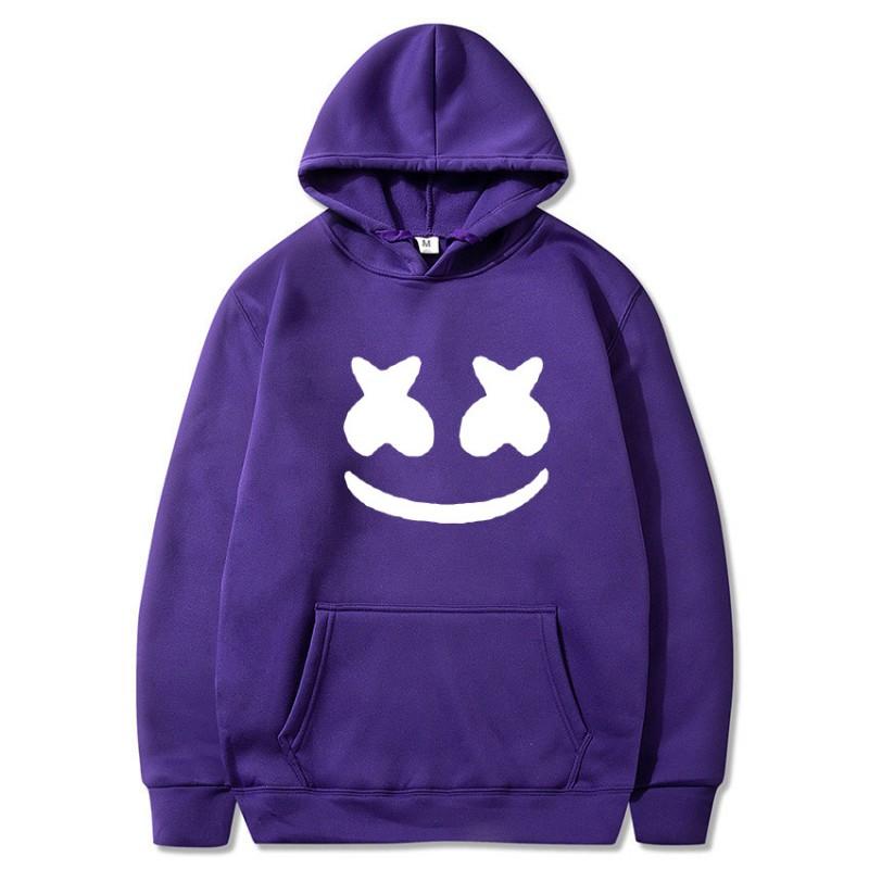 Mens Marshmello Smiley Face Hooded Sweatshirt Loose Fit Cotton Blend Winter Pullover