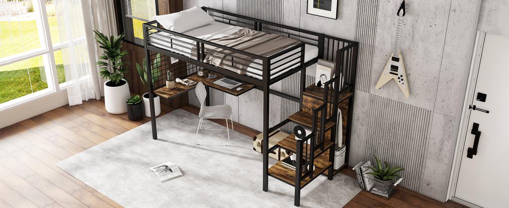 [32552890SAA] Iron Bed, Bunk Bed, Loft Bed, with Desk and Wardrobe, Side Ladder with Handrail, Iron+Chipboard, Black+Dark Wood Color, 90x200cm