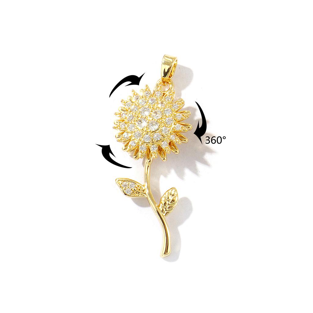 1 Piece Brass & Rhinestone Charms 18K Gold Plated Flower Rotatable Sunflower Daisy Pendants For DIY Necklace Jewelry Making