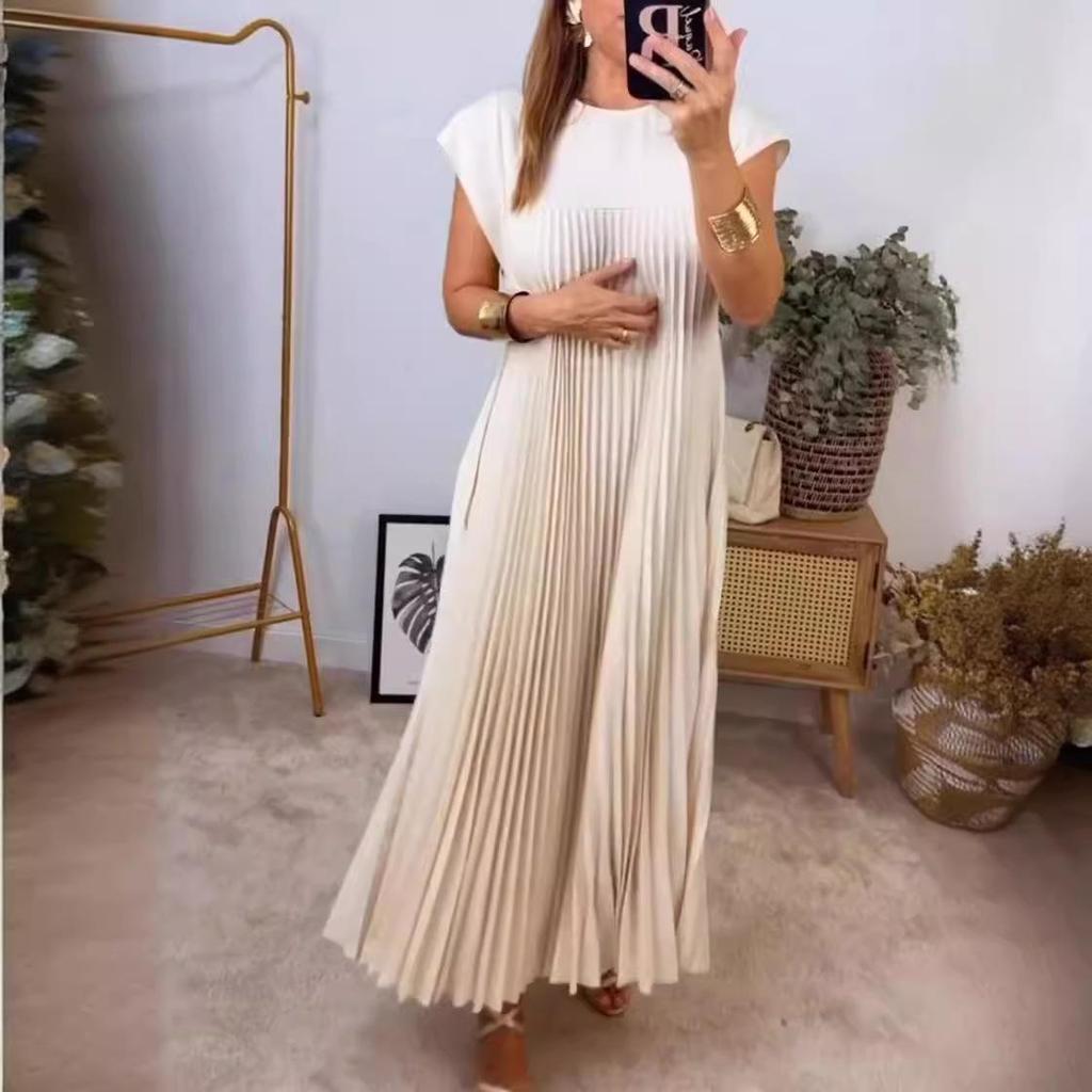 Damen Sommer Rundhals Ärmellos Plissiertes Maxikleid, Elegantes Lässiges Langes Kleid, Einfarbiges A-Linien-Kleid, Perfekt für Strand, Party oder Tägliches Tragen