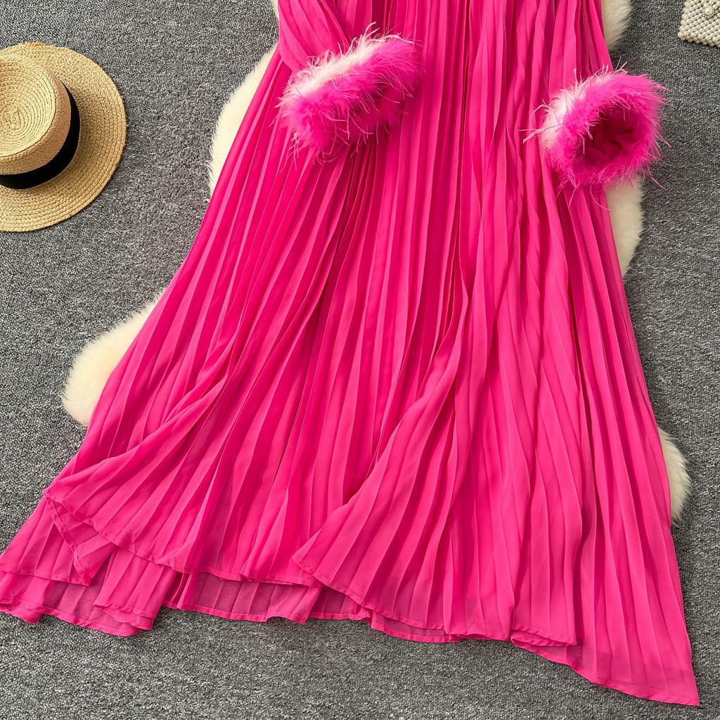 Elegant Dress Women's Autumn Heavy Diamante Round Neck Loose Fur Patchwork Pleated Long Dresses