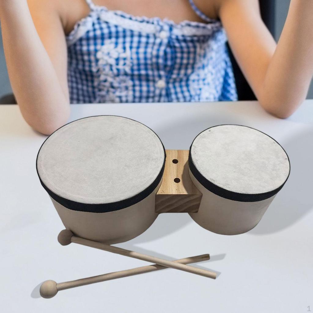 Wooden Bongo Drums 5” and 6” Wood Percussion Instrument Compact Lightweight Portable Traditional