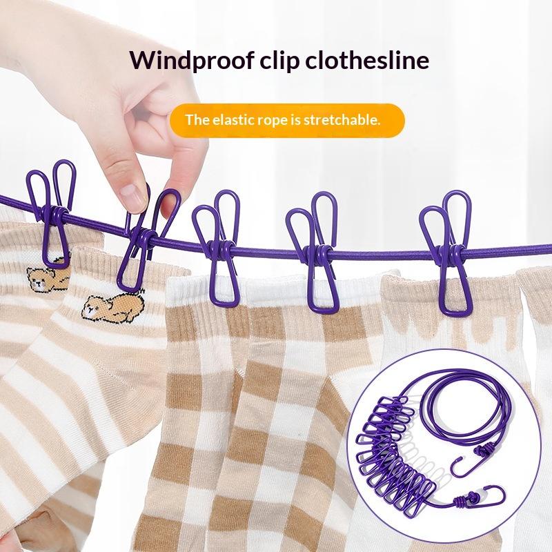 12 Non Slip Clips Windproof Elastic Travel Clothesline With Hook For Outdoor Camping Beach Dormitory Rv Portable Drying Tools