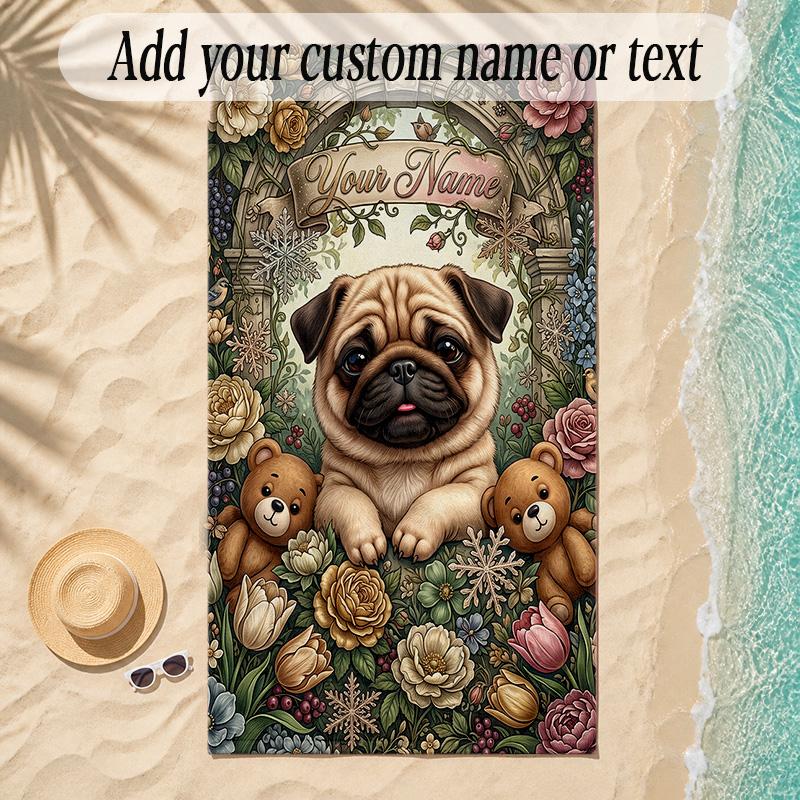 Pug Theme Soft Beach Towel Personalized Custom Name Text Towel Portable for Beach Pool Travel