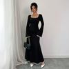 Women's Square Neck Long Sleeve Dress, Black Long Dress
