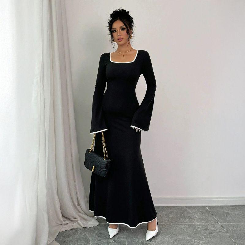 Women's Square Neck Long Sleeve Dress, Black Long Dress