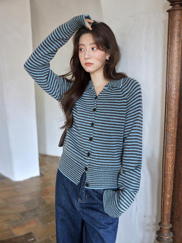 Korean Style Striped Long Sleeve Knitted Cardigan - Petite Unique Exquisite Autumn 2025 Collection