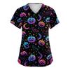 Women's V-Neck Short Sleeve Scrub Top with Pockets Halloween Print Uniform for Work