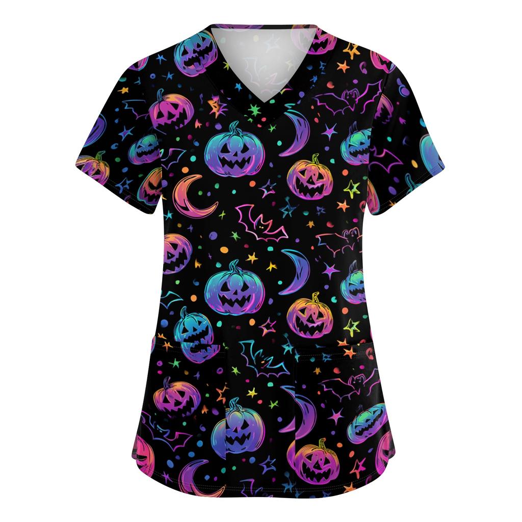 Women's V-Neck Short Sleeve Scrub Top with Pockets Halloween Print Uniform for Work
